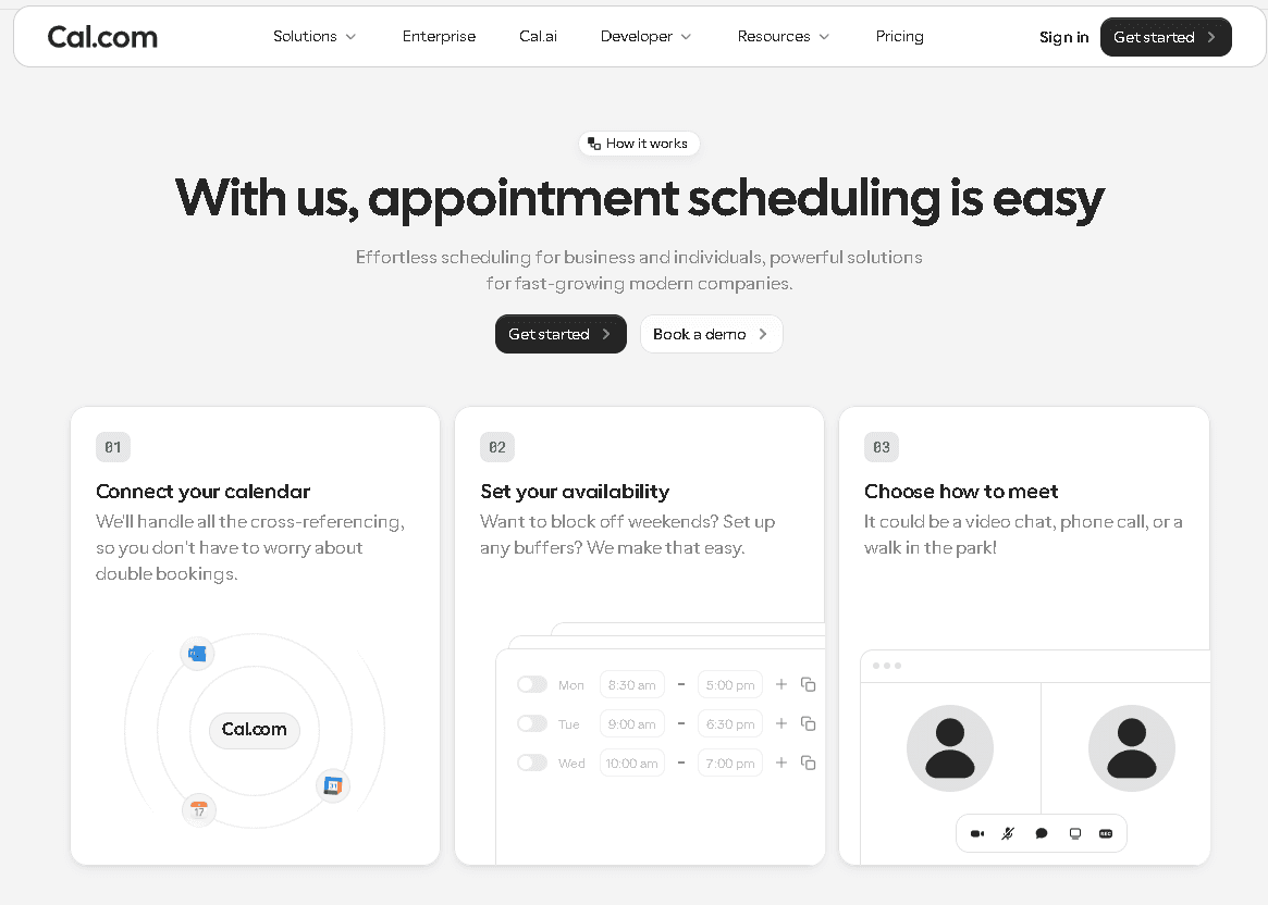 Cal.com three-step scheduling process: connect your calendar, set your availability, and choose how to meet, displayed as a clean, feature-focused infographic.