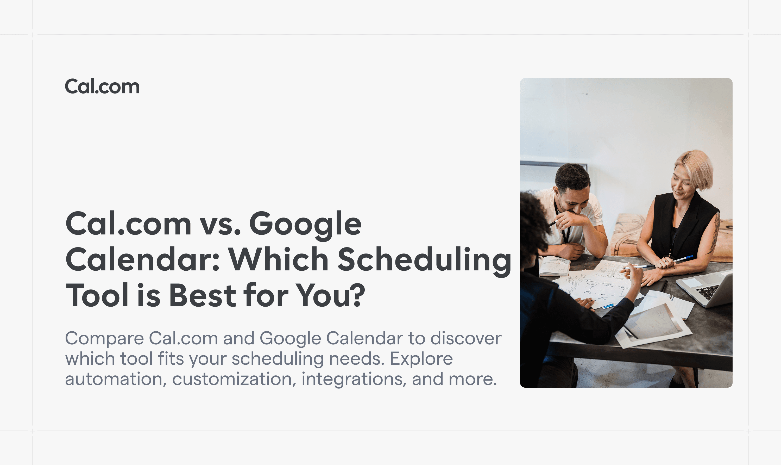 Cal.com vs Google Calendar blog header with meeting photo
