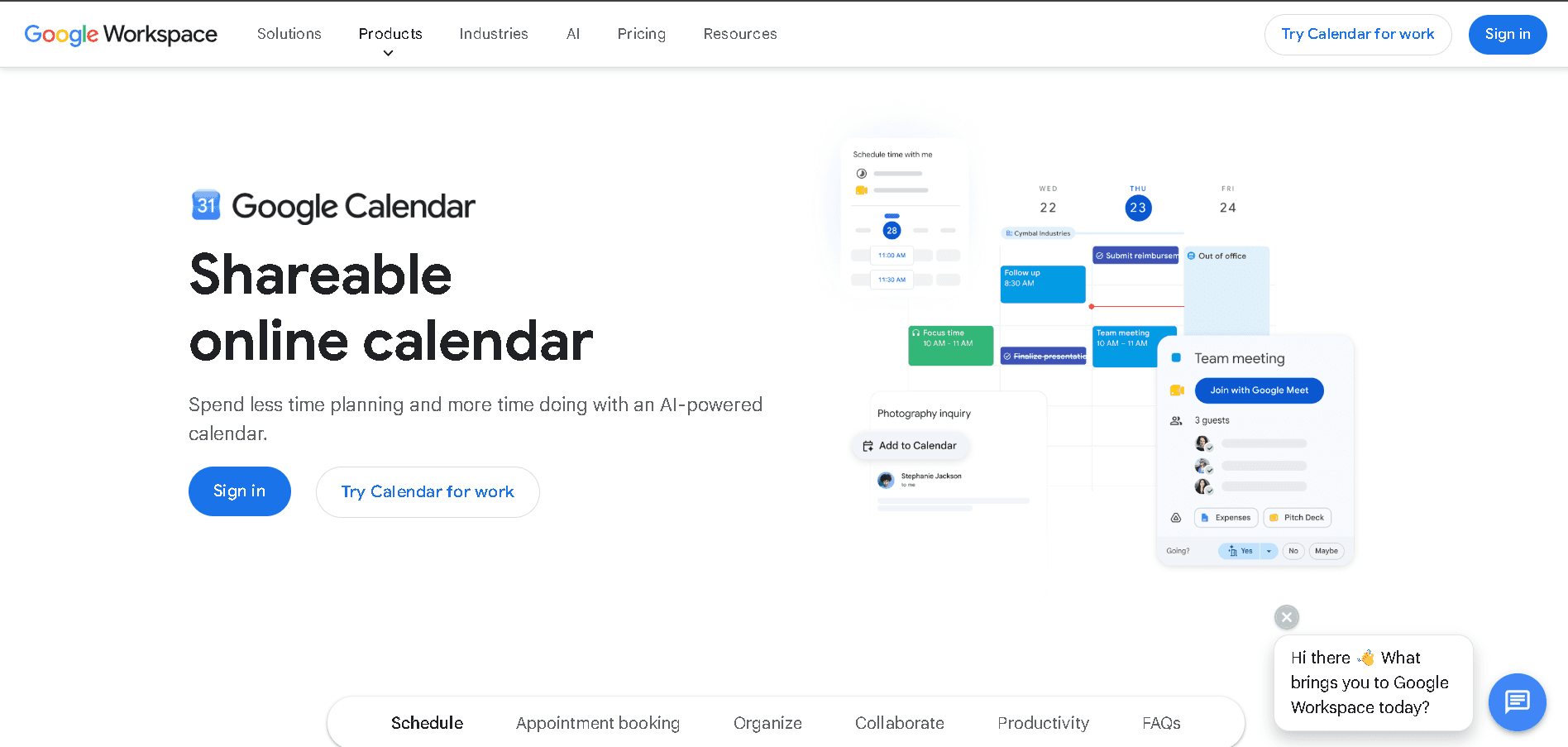 Google Calendar product page showcasing its shareable online calendar interface, including AI-powered scheduling, appointment booking, and collaboration tools.