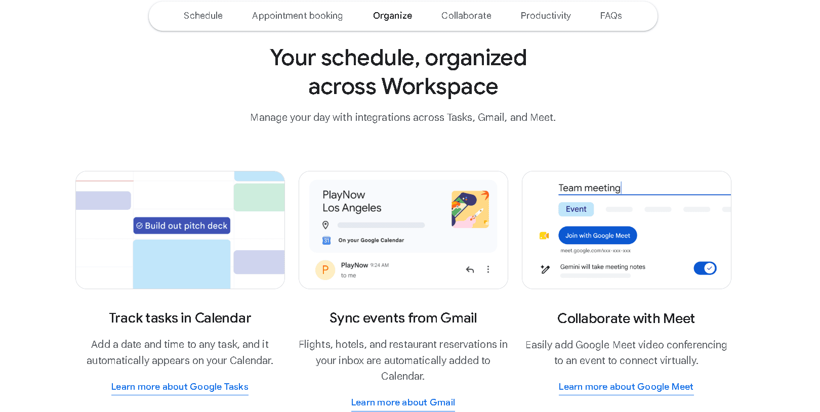 Graphic showing Google Workspace integrations, with visuals for tracking tasks in Calendar, syncing Gmail events, and collaborating via Google Meet.