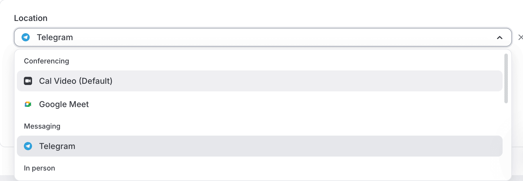 Cal.com location dropdown with Telegram selected