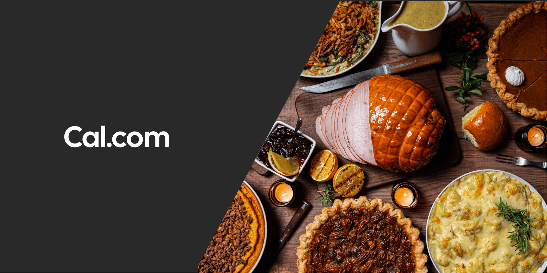 Cal.com logo beside a holiday feast spread