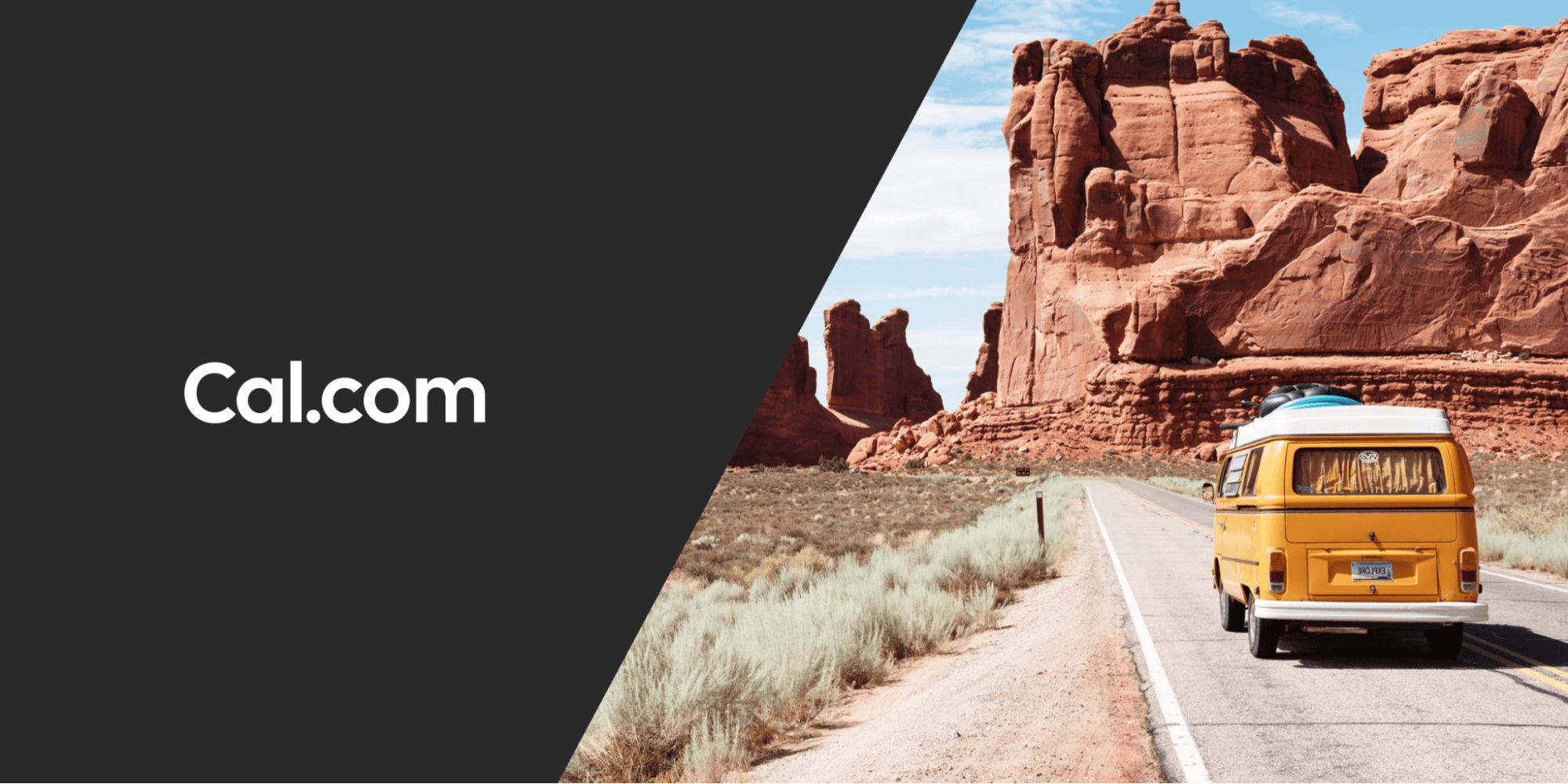 Cal.com logo beside a van driving through red rock desert