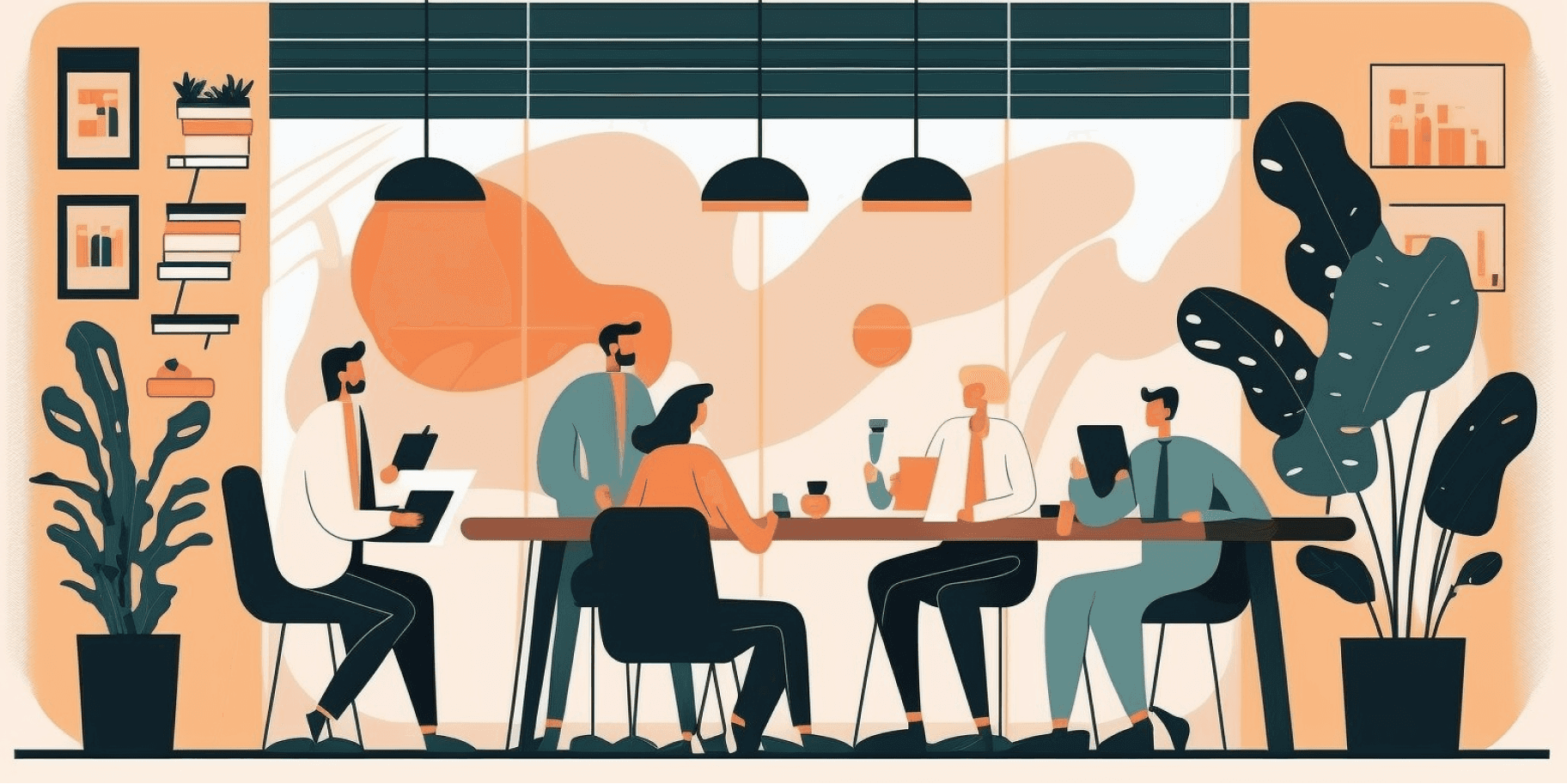 Illustration of colleagues meeting around an office table