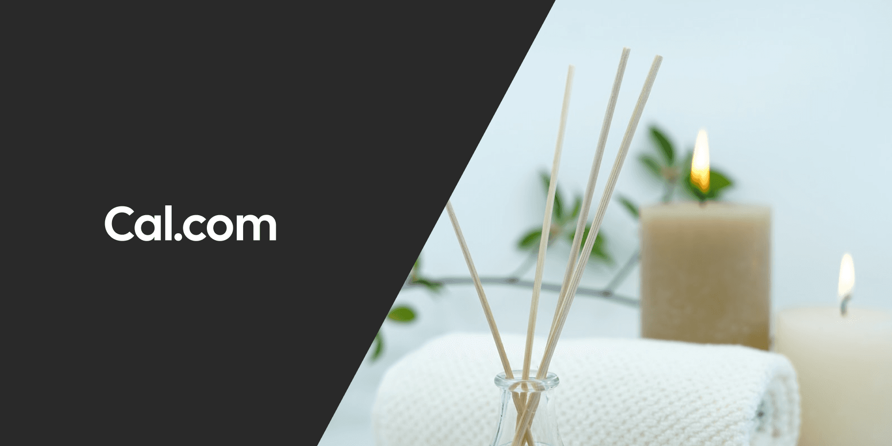 Cal.com logo beside spa candles and reed diffuser