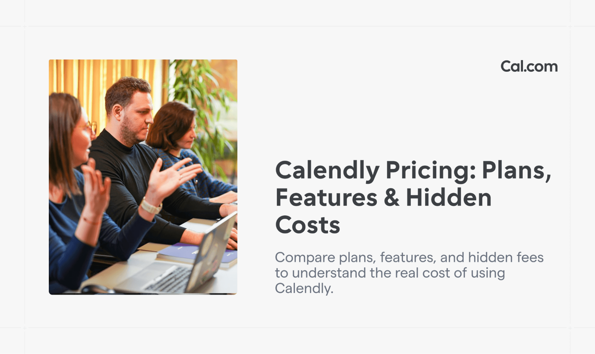 Coworkers in meeting next to Calendly pricing blog title