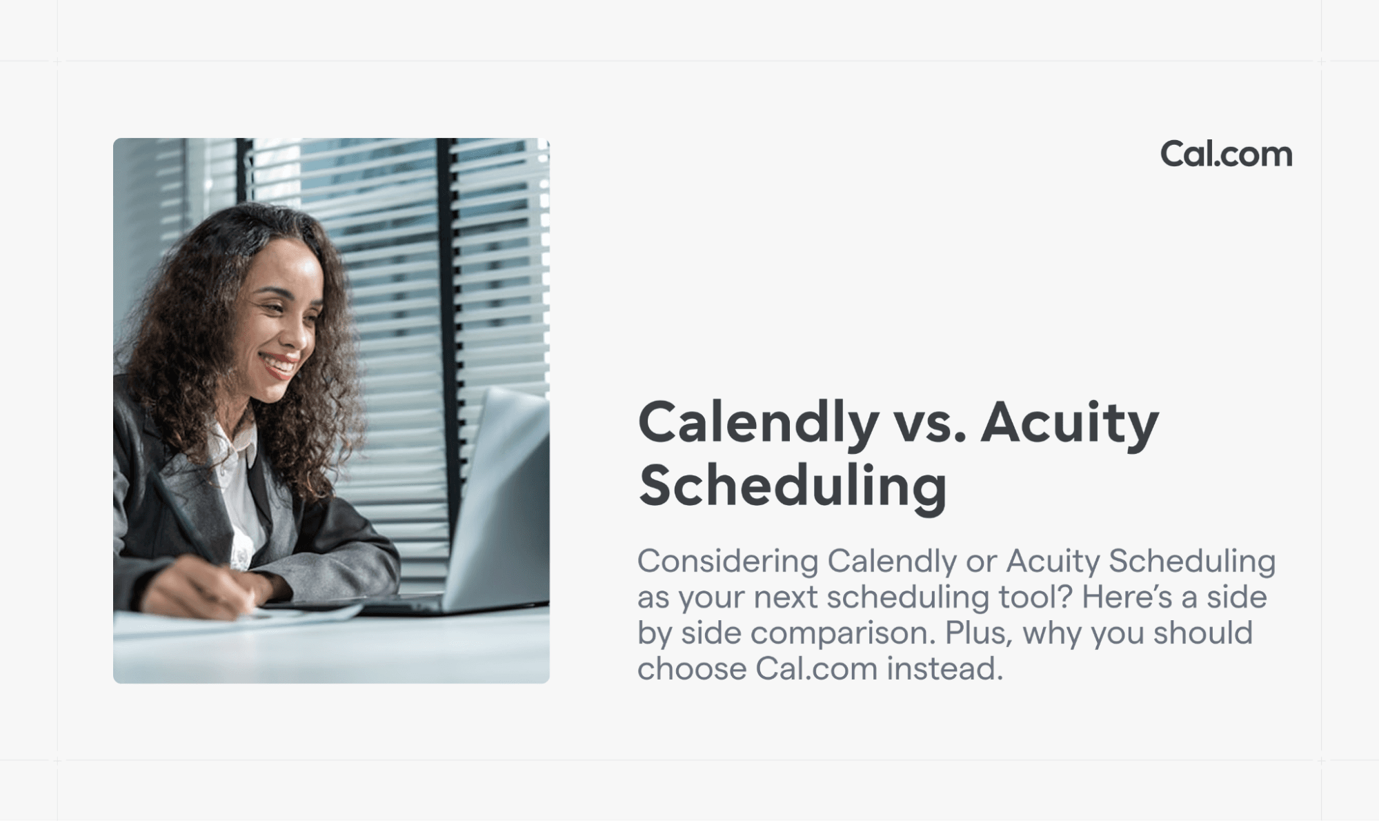 Woman at desk with Calendly vs Acuity headline