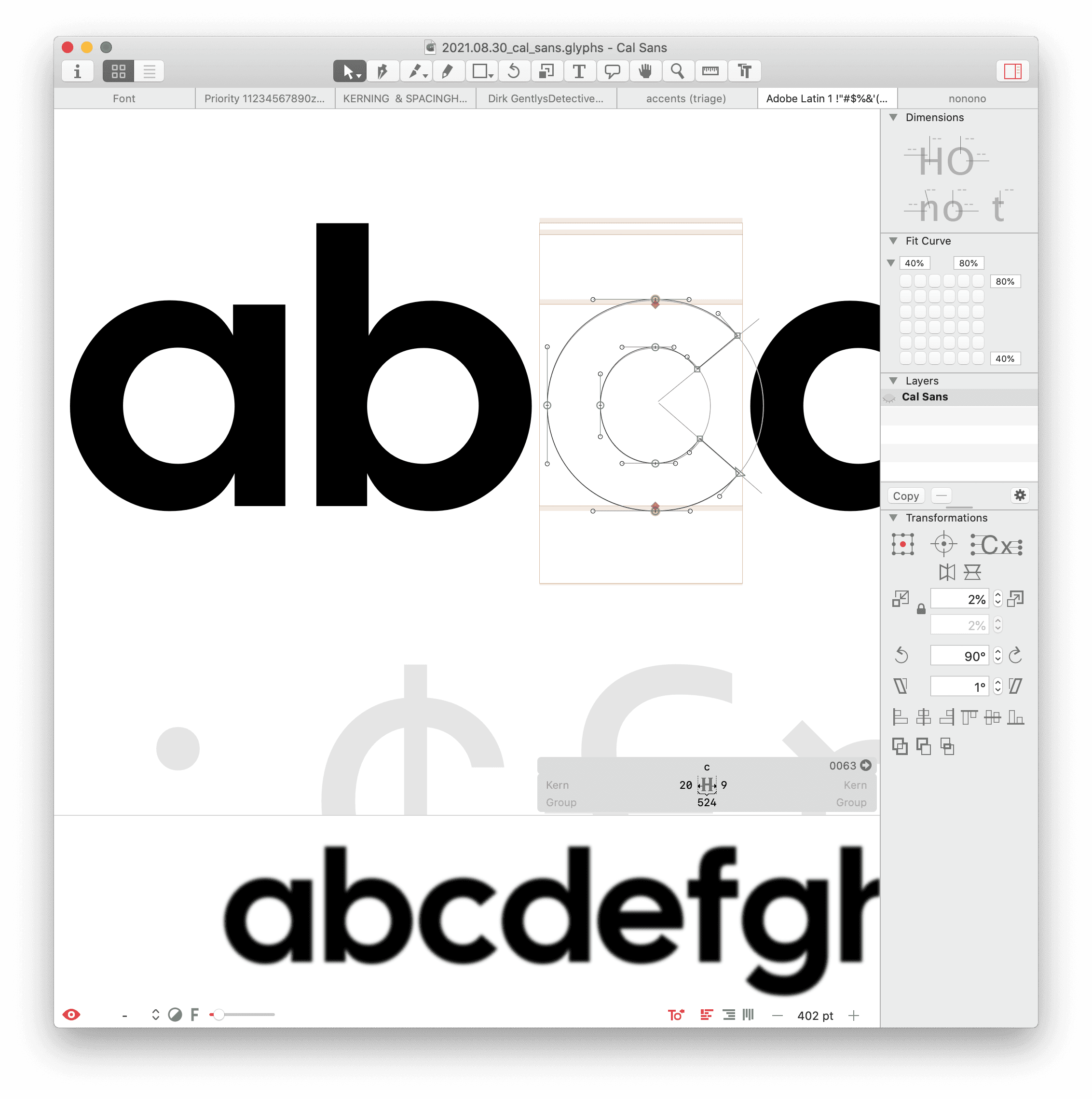 Glyphs app editing the Cal Sans typeface