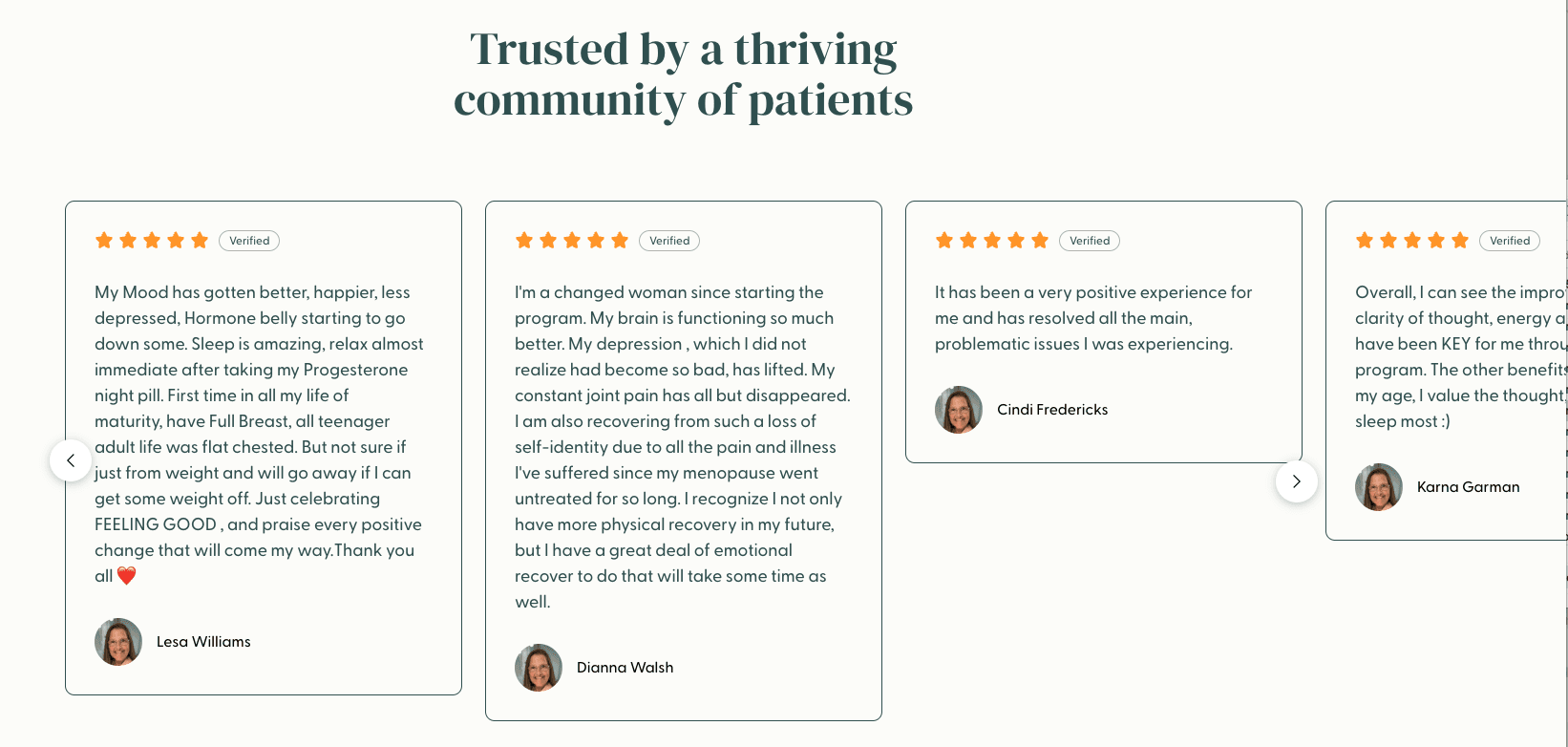 Patient testimonial cards with star ratings