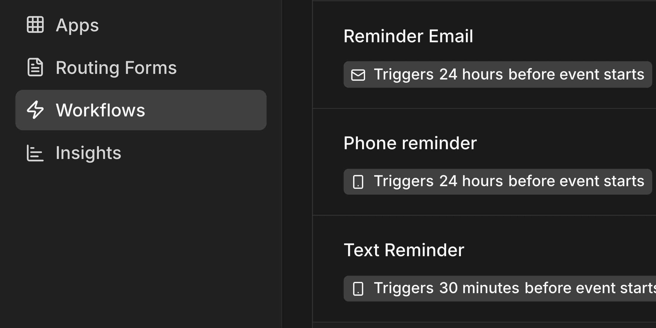 Screenshot of Cal.com workflows list with reminder triggers