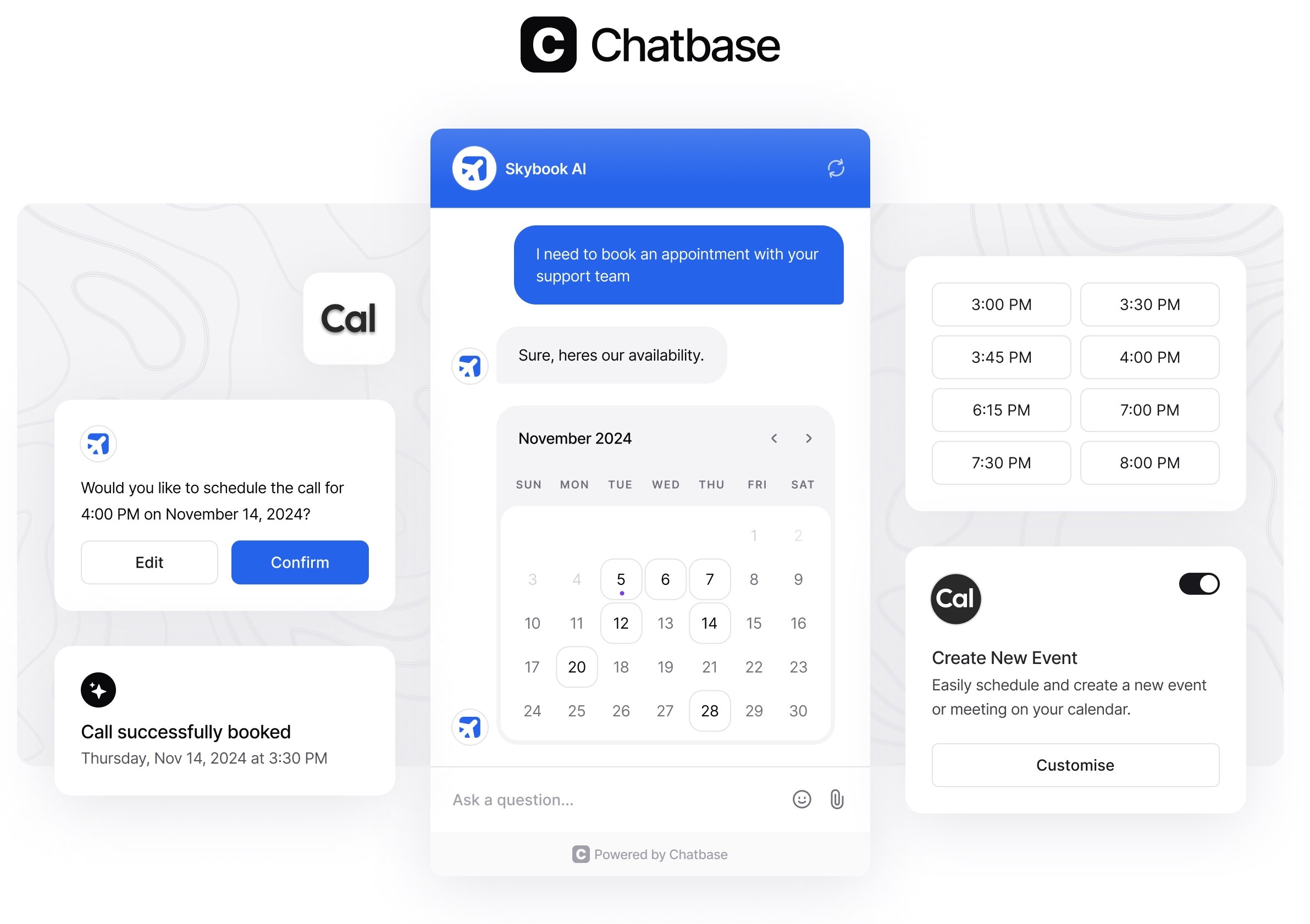 Chatbase chat widget with a Cal.com booking calendar