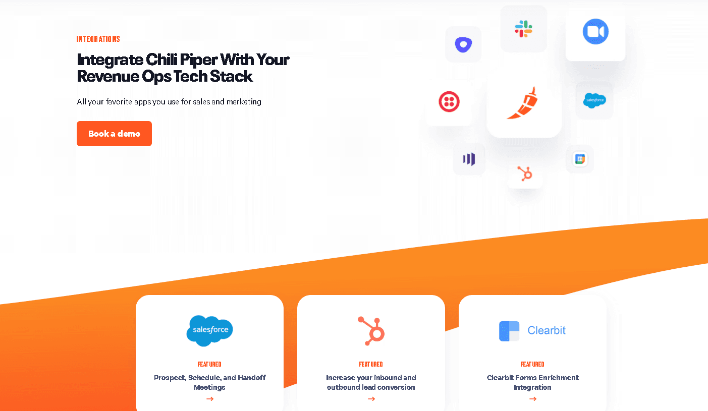 Chili Piper integrations overview featuring Salesforce, HubSpot, and Clearbit for a connected Revenue Ops tech stack.