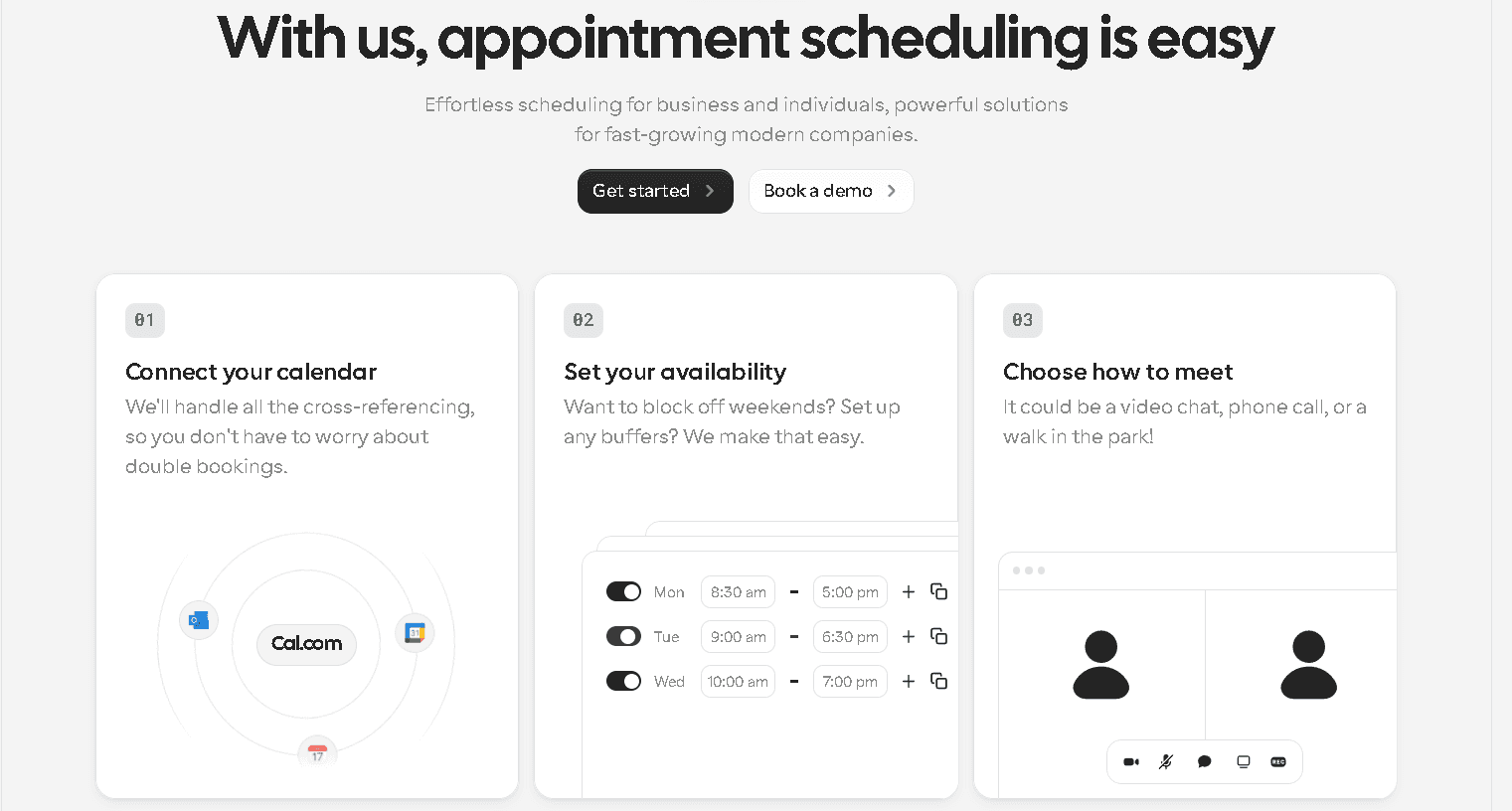 Cal.com three-step setup guide showing calendar connection, availability settings, and meeting format options for effortless scheduling.
