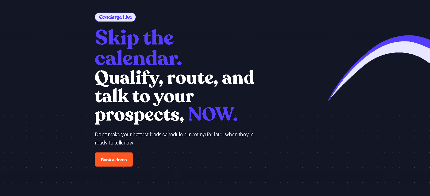 Chili Piper Concierge Live marketing graphic promoting instant lead qualification and routing to talk to prospects immediately.