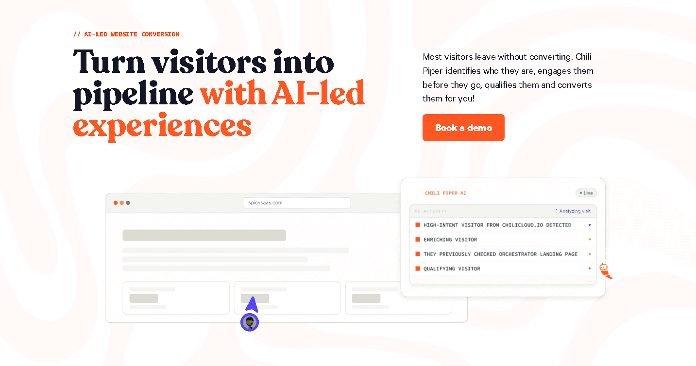 Chili Piper interface showing AI-led website conversion features and high-intent visitor lead qualifying dashboard.
