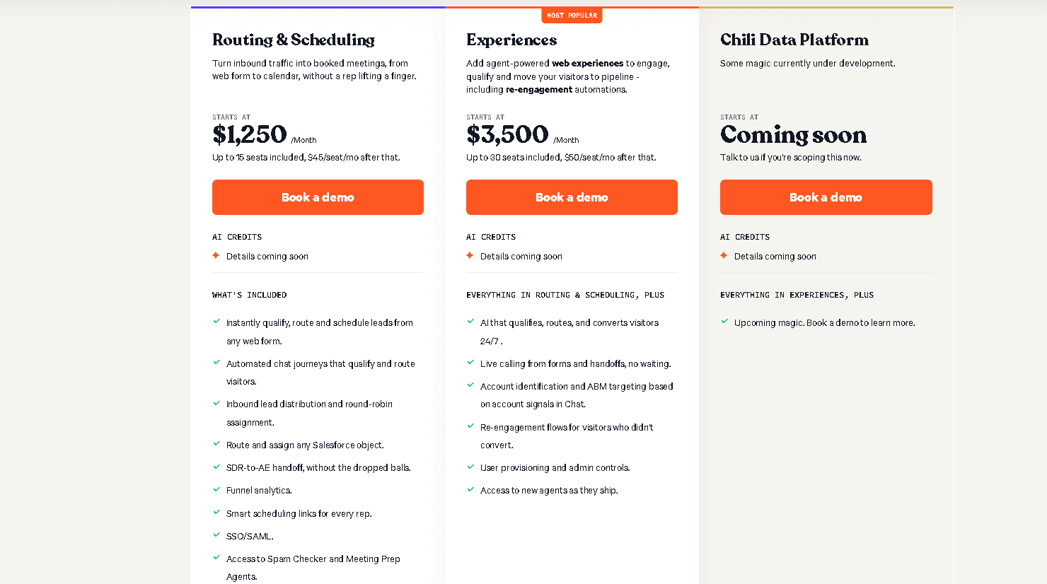 Chili Piper pricing tiers showing Routing & Scheduling at $1,250 per month and Experiences at $3,500 per month with per-seat costs.