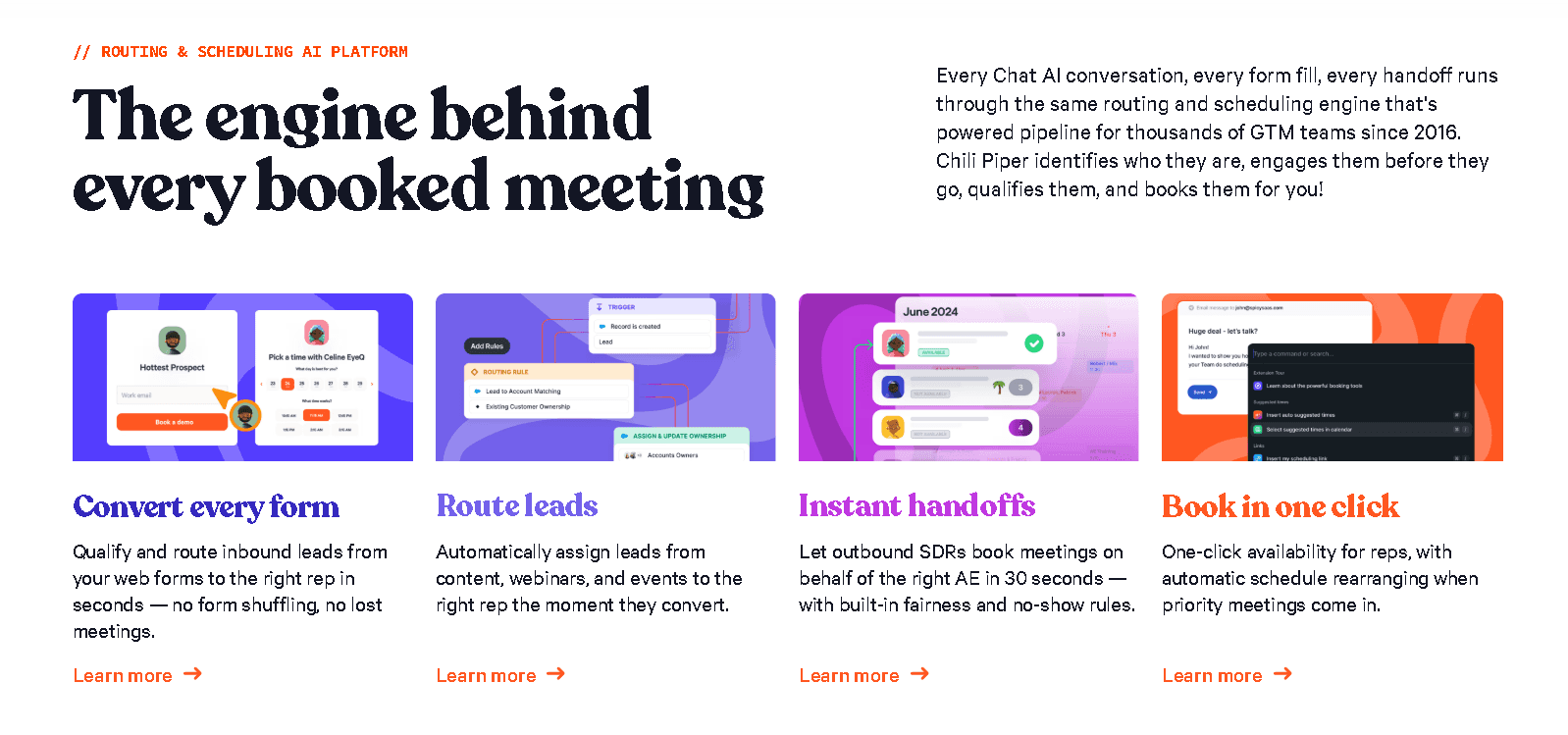 Infographic of the Chili Piper routing and scheduling engine showing four core functions: form conversion, lead routing, instant handoffs, and one-click booking.