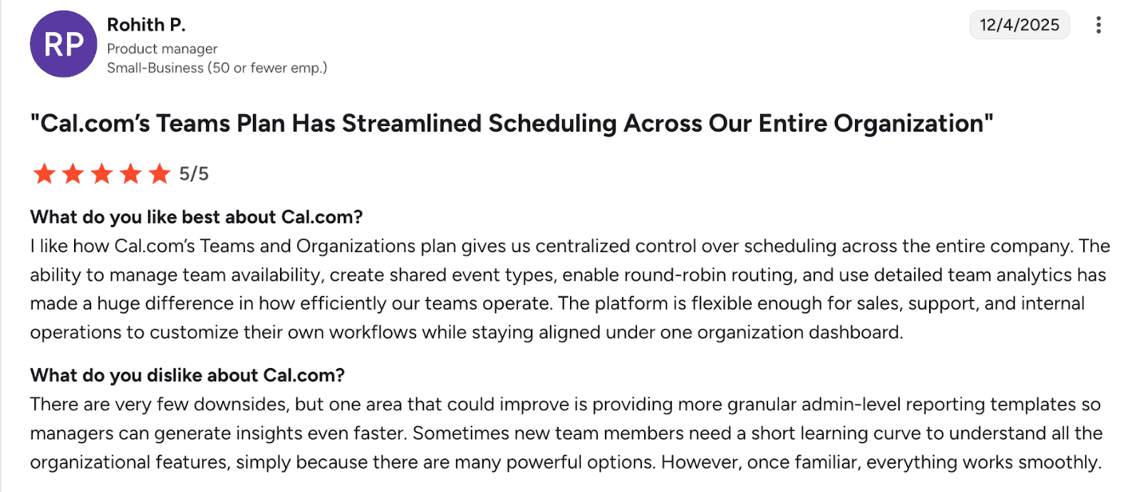Five-star customer review of Cal.com's Teams plan