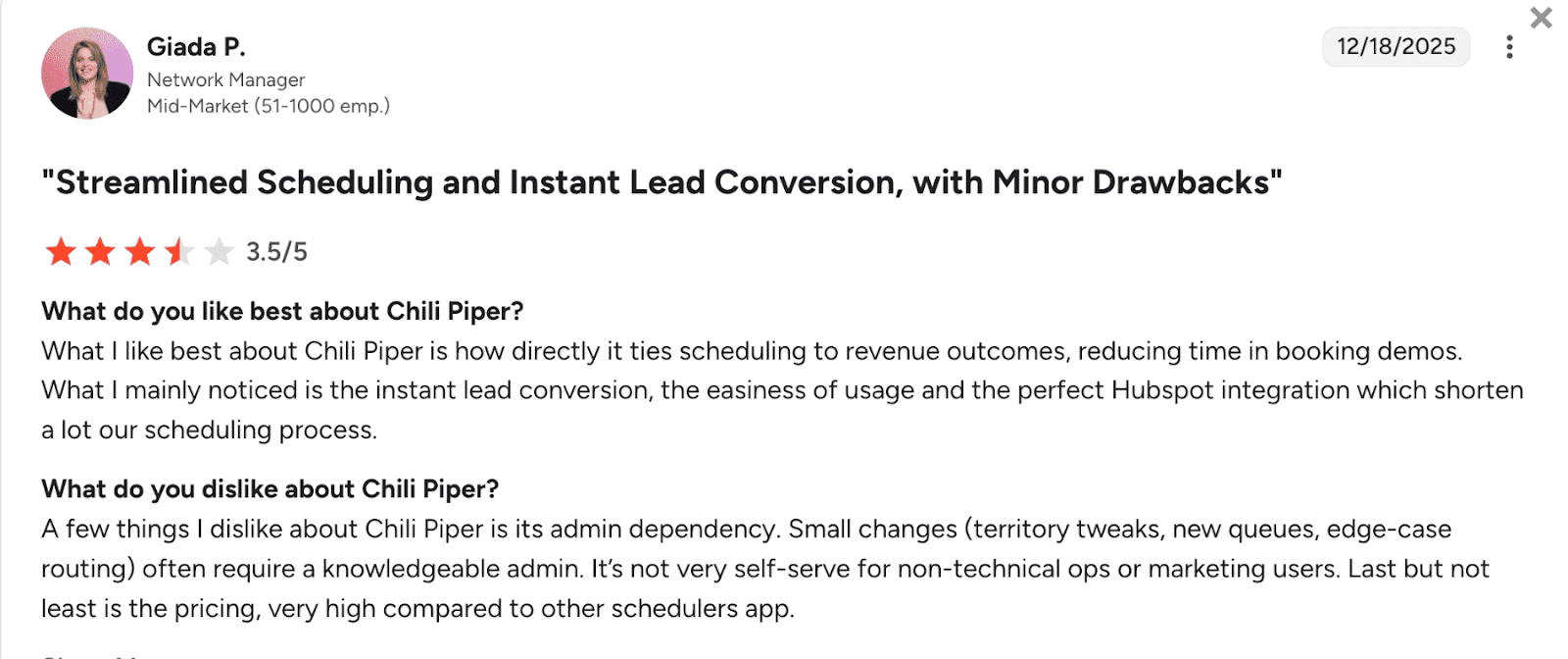 G2 review screenshot for Chili Piper