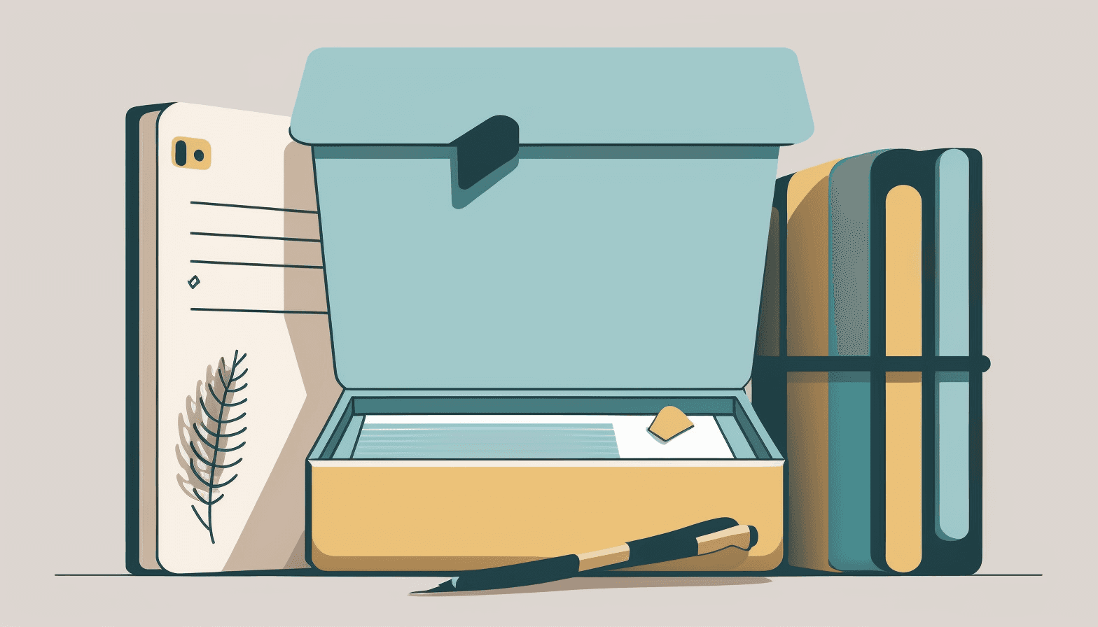 Illustration of an open briefcase, notebook and books