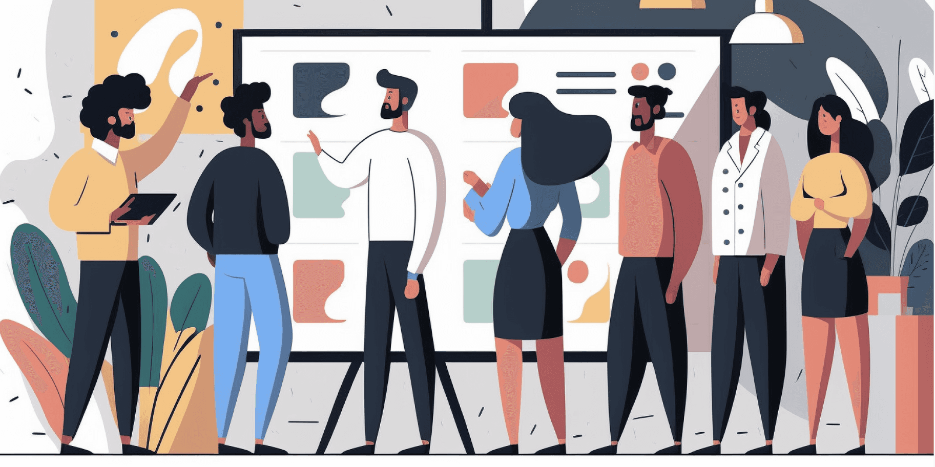 Illustration of people planning around whiteboard