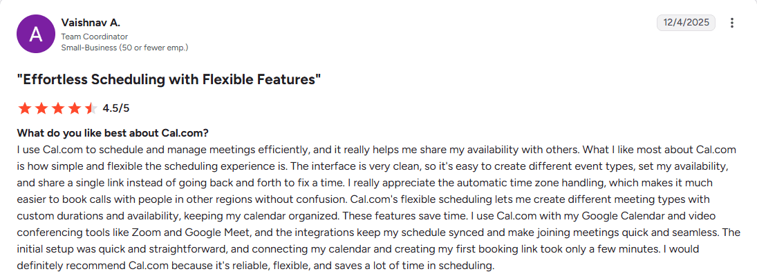Cal.com customer review with star rating