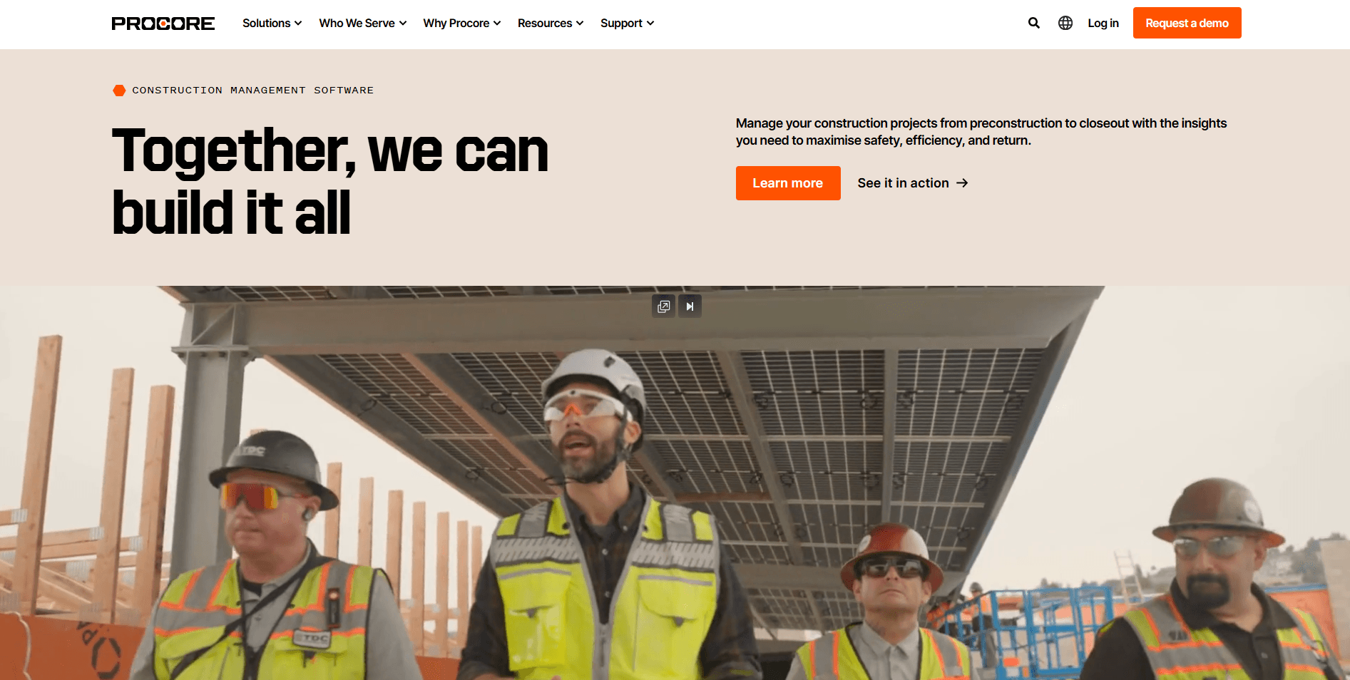 Screenshot of Procore construction software homepage