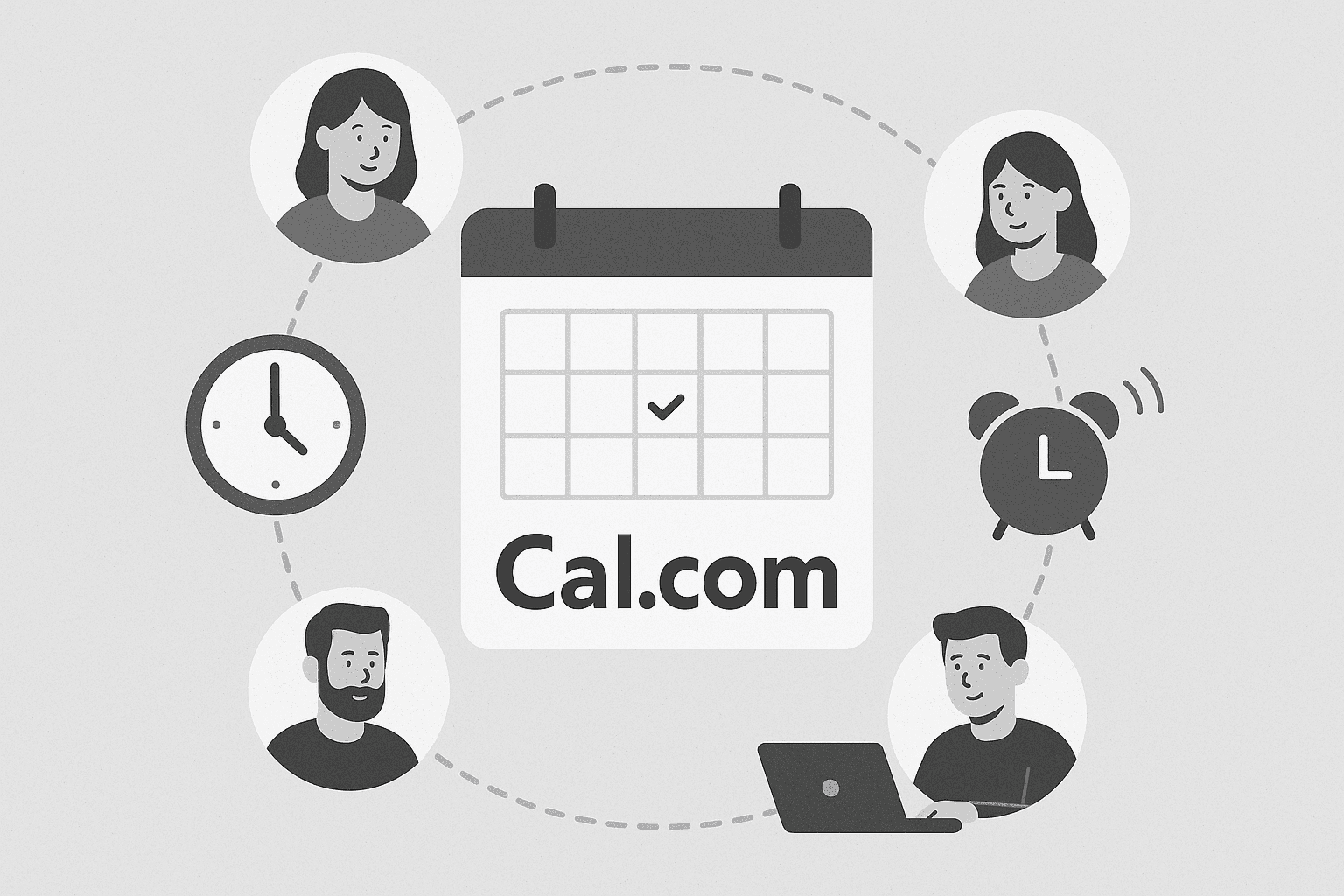 Illustration of people connected around a Cal.com calendar