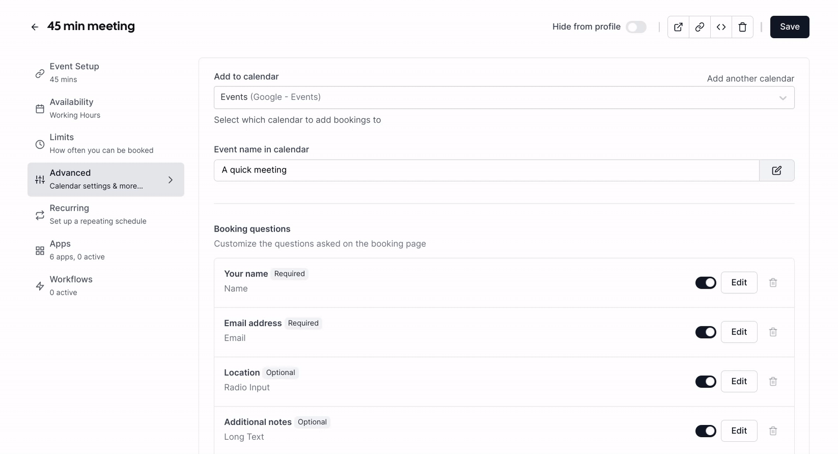 Cal.com event booking questions settings screen