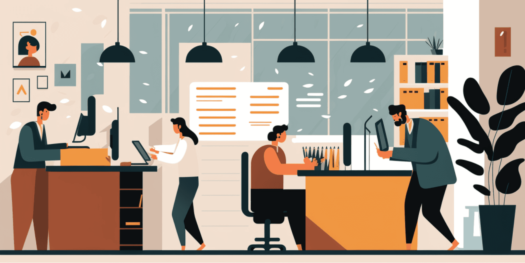 Illustration of an office with people working at multiple desks
