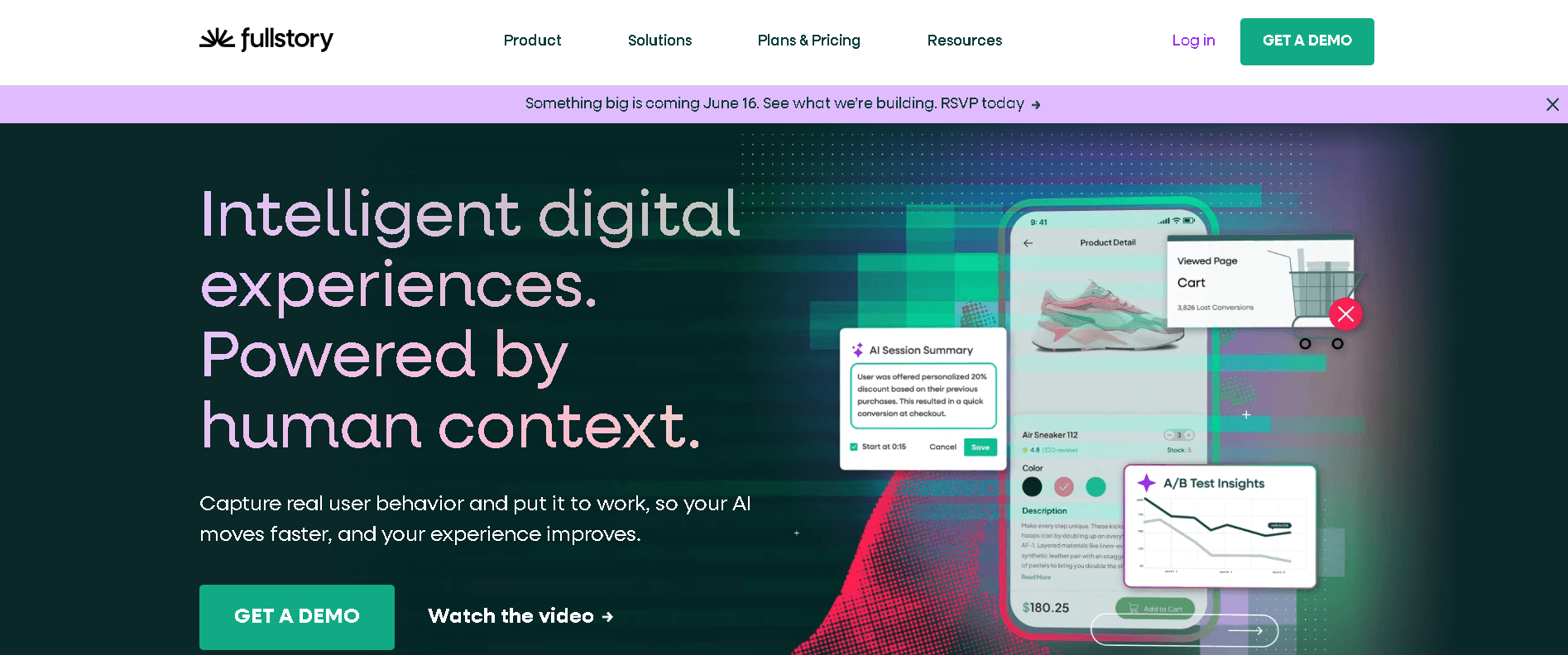 Fullstory user experience and customer journey analytics homepage displaying session metrics, behavioral intelligence features, and digital overlays.