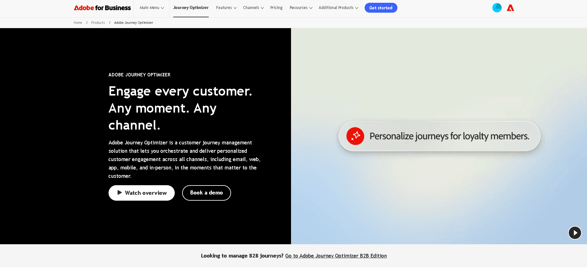 The Adobe Journey Optimizer homepage displaying a dark interface layout with text reading Engage every customer. Any moment. Any channel.
