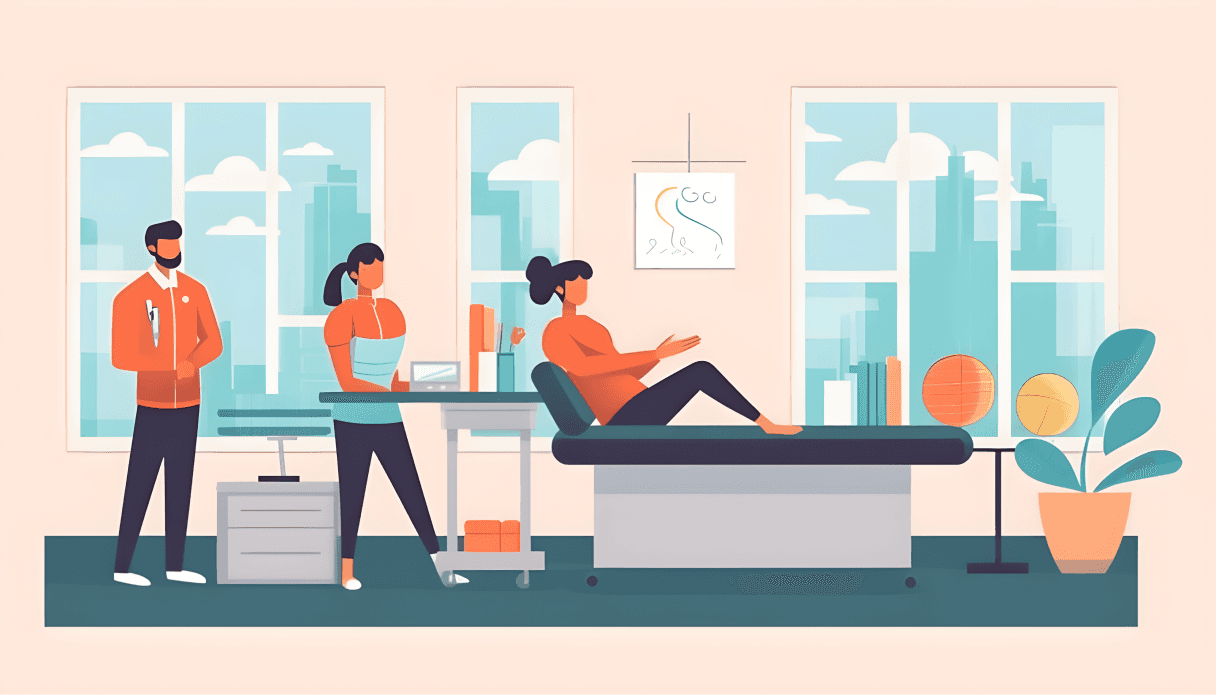 Illustration of a doctor and patient in an exam room