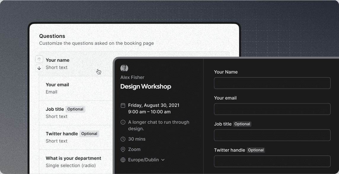 Screenshot of Cal.com booking page question customization
