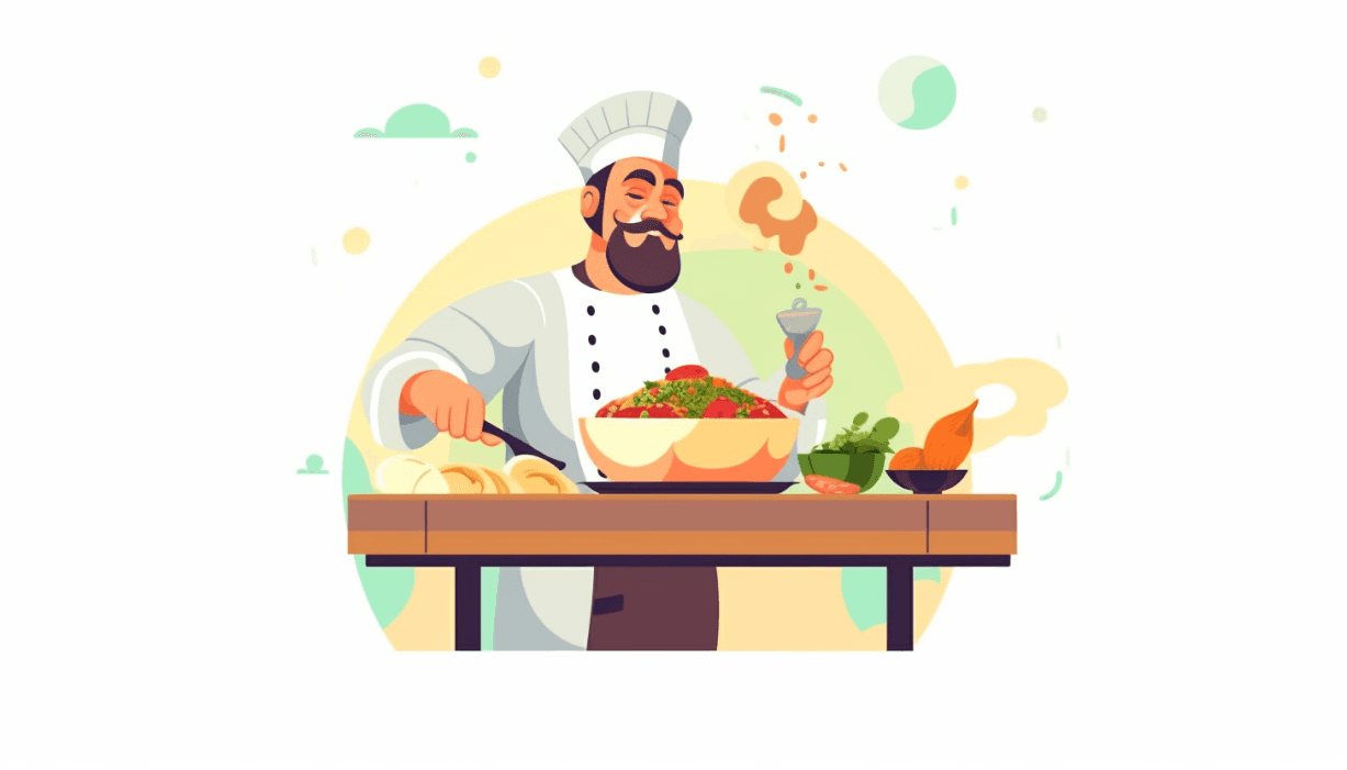 Illustration of a cartoon chef cooking