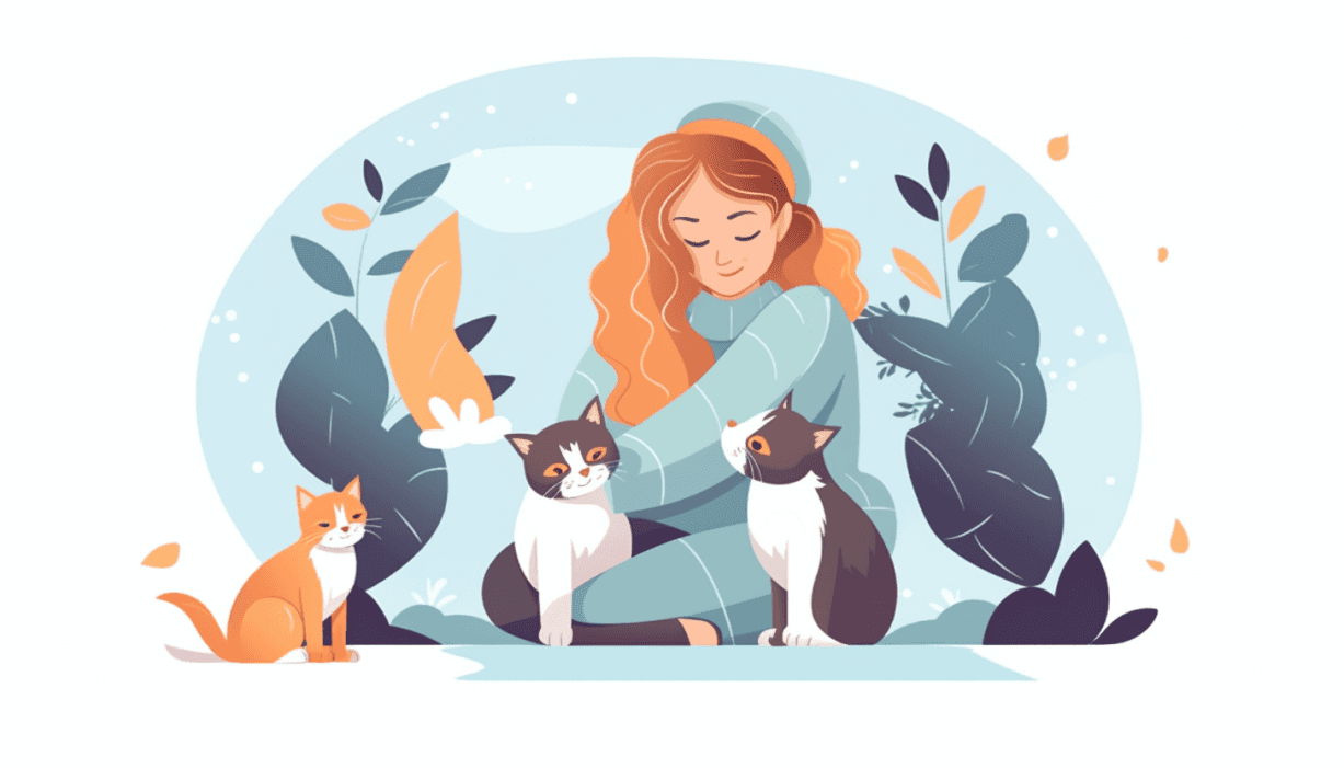 Illustration of a woman surrounded by cats