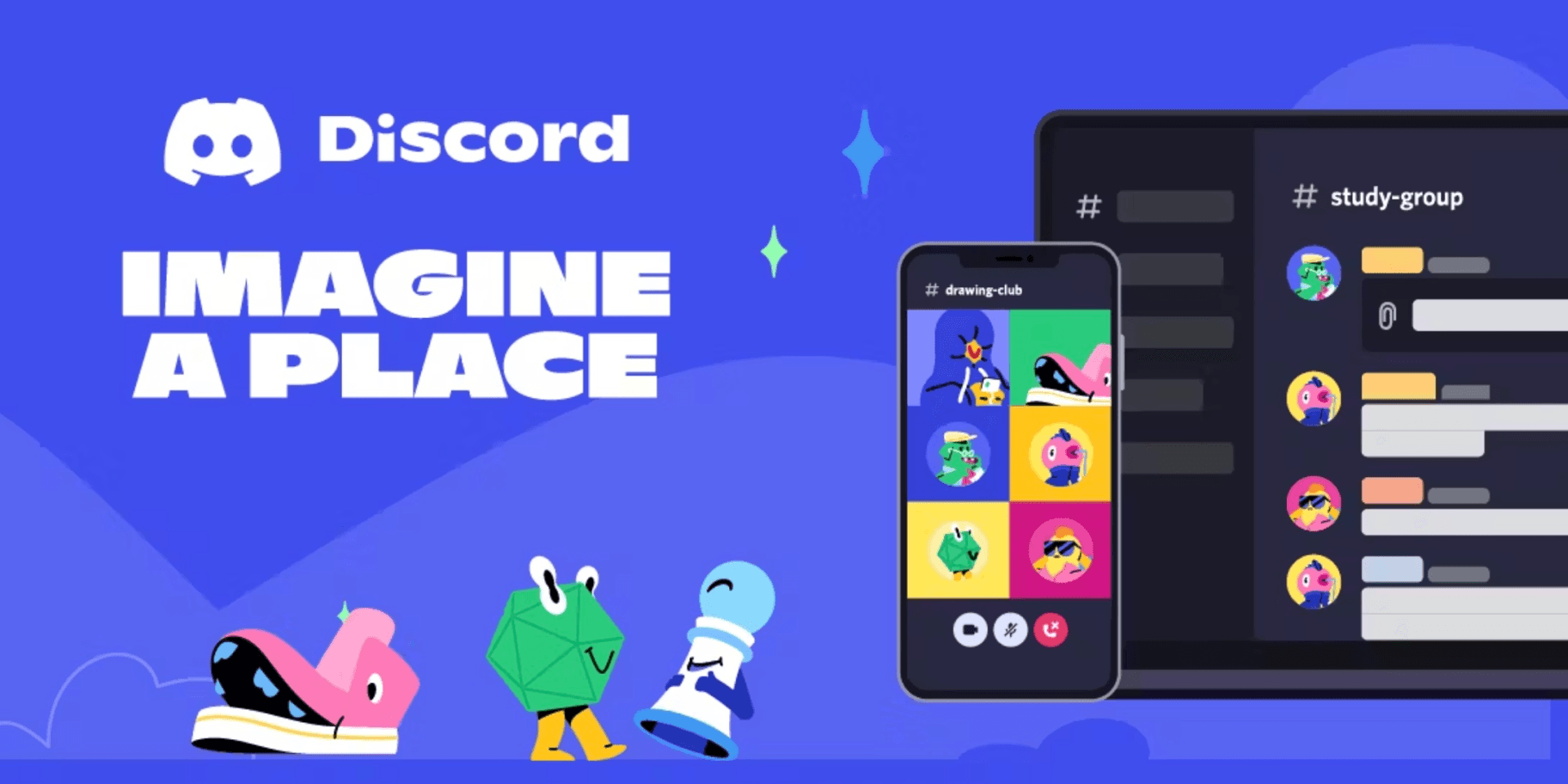 Discord app mockups with cartoon creature characters