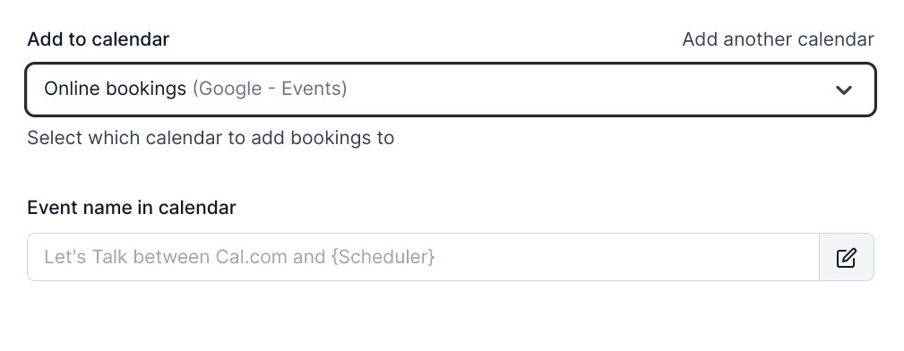 Cal.com add to calendar and event name settings
