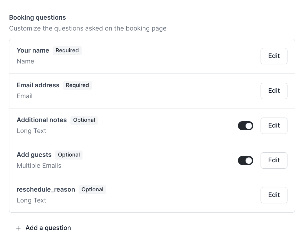 Cal.com booking questions settings screen