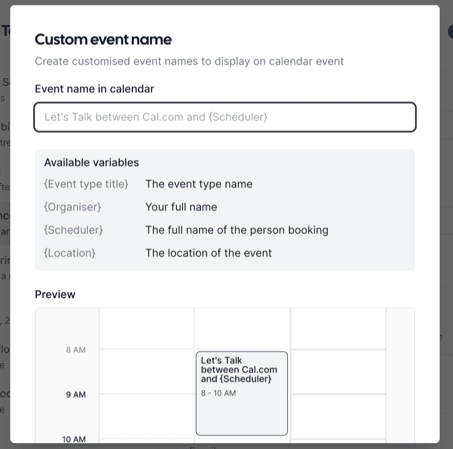 Cal.com custom event name settings dialog
