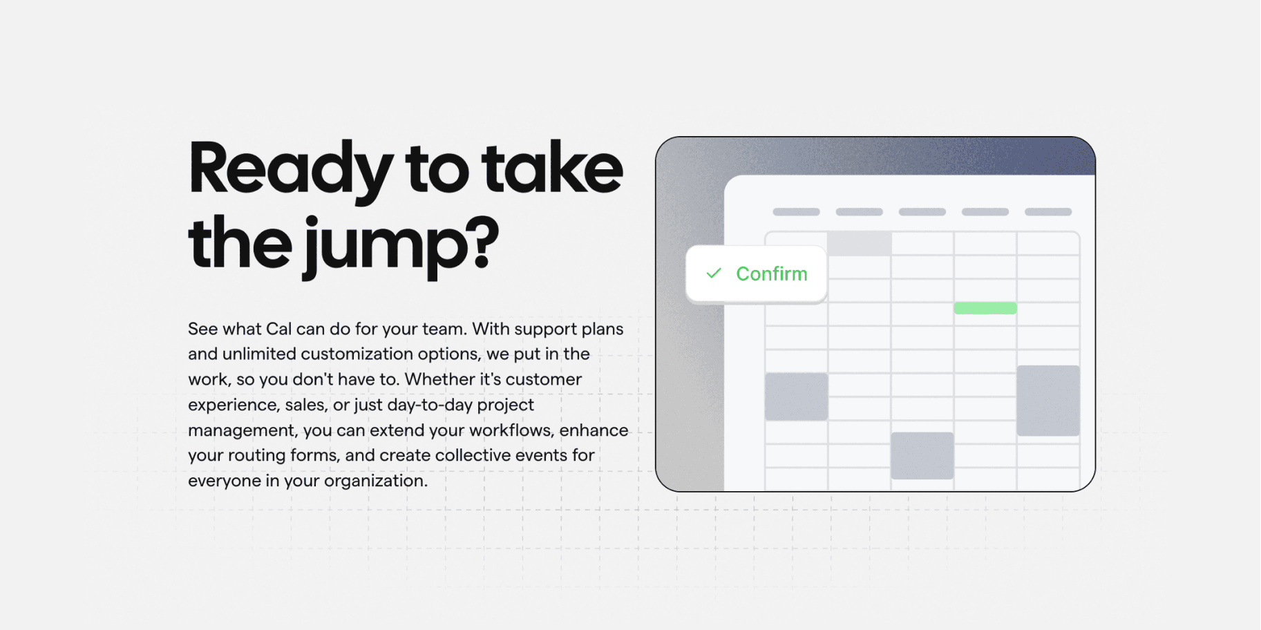 Cal.com calendar table UI with a confirm tooltip