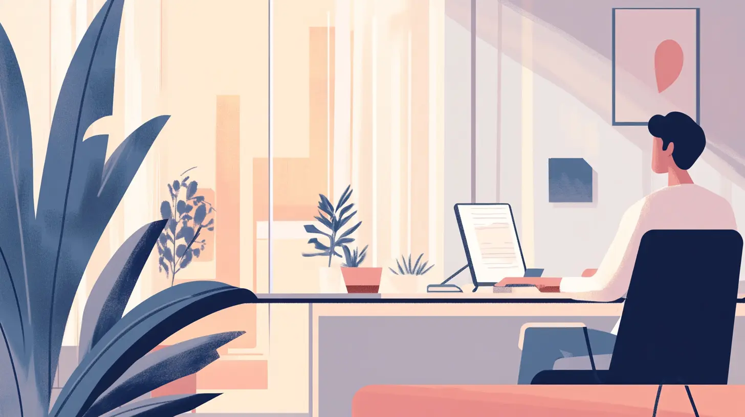 Illustration of a person working at a desk by a window