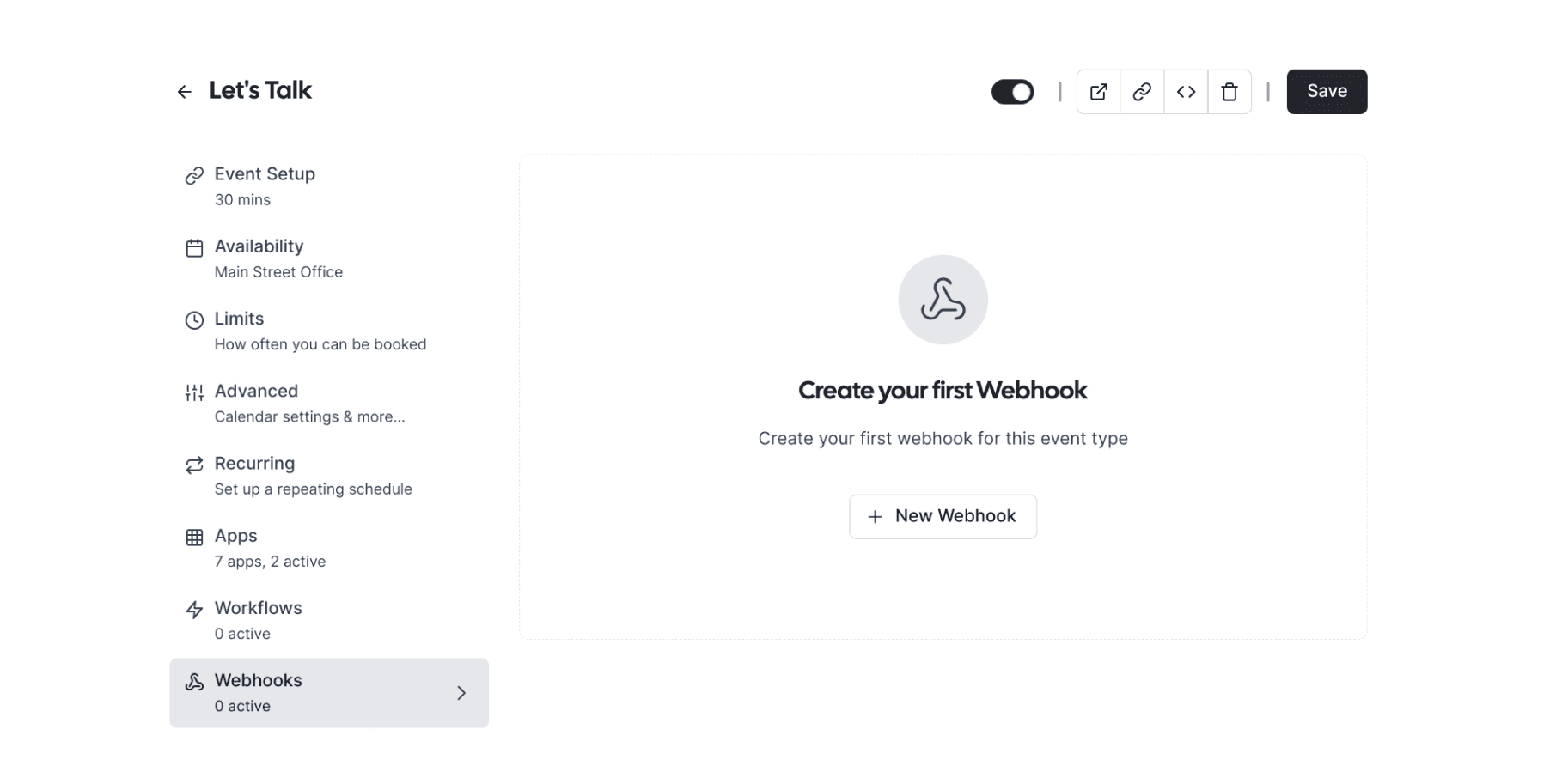 Screenshot of Cal.com create your first webhook panel