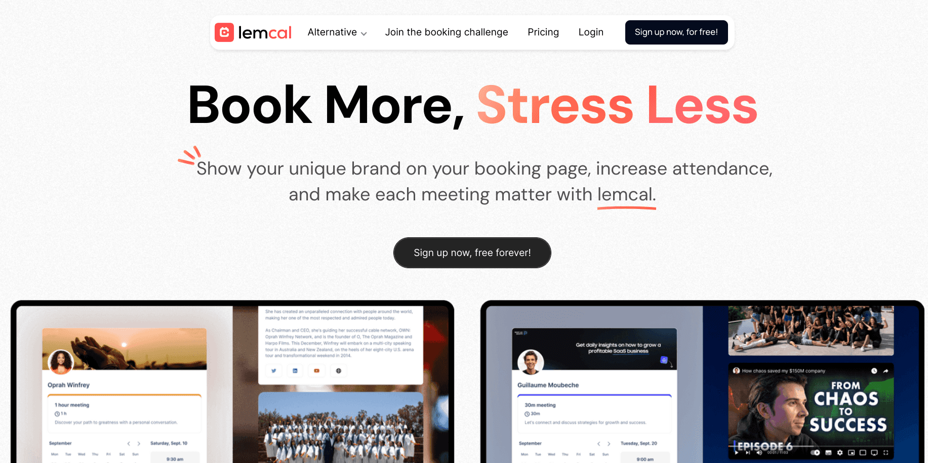 Lemcal homepage hero with booking page screenshots