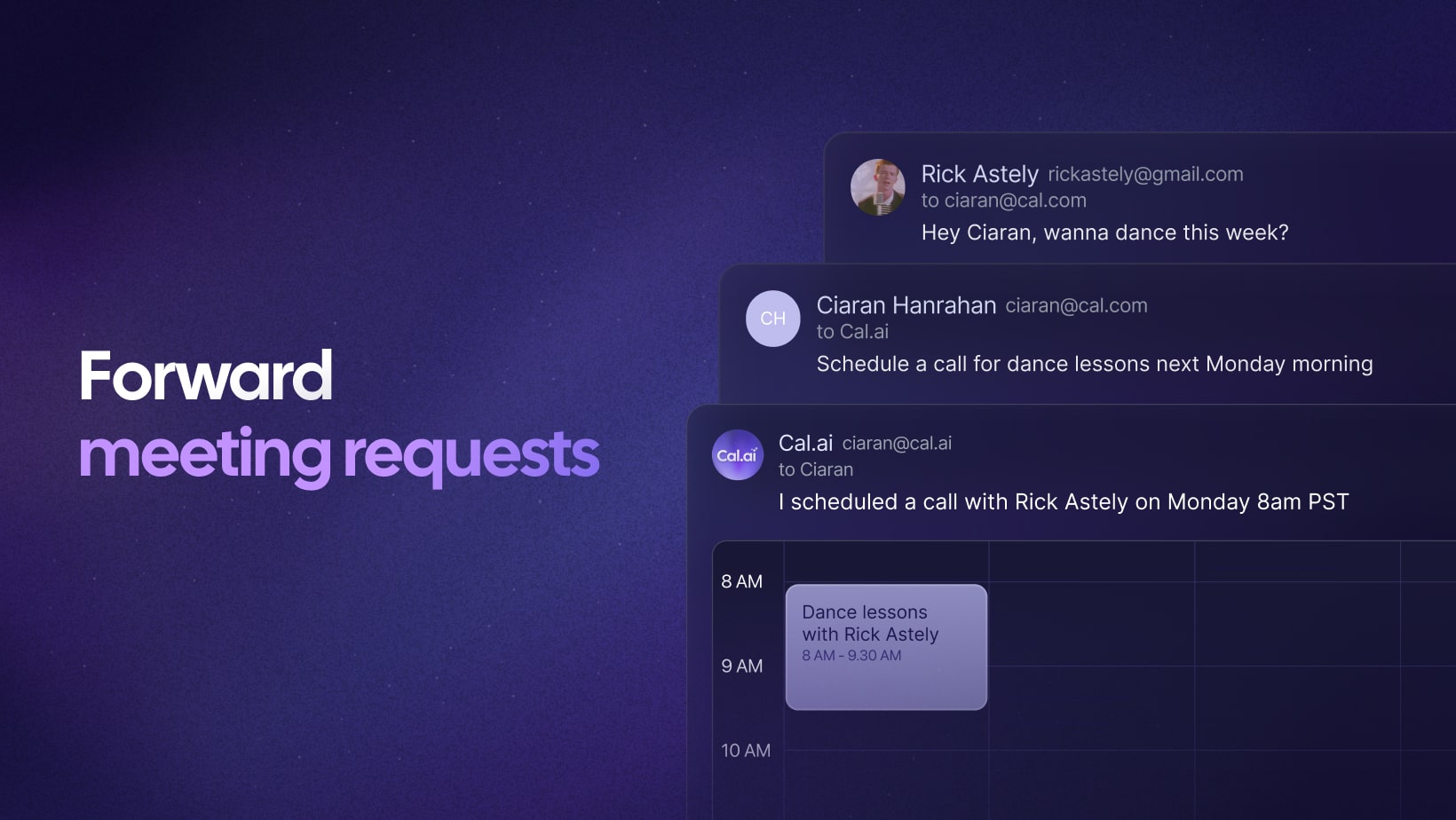 Cal AI forwarding a meeting request via chat