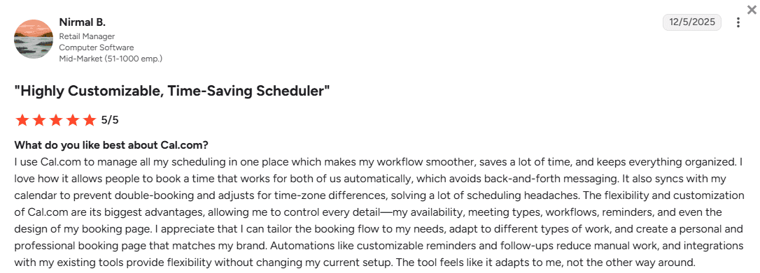 Five-star Cal.com customer review screenshot