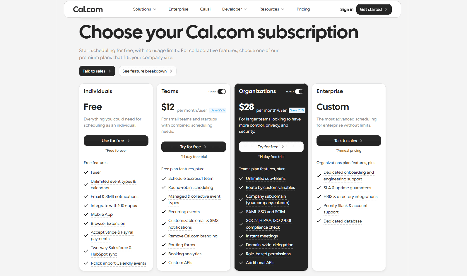 Cal.com subscription pricing plans page