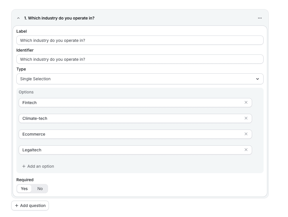Cal.com routing form question builder screenshot