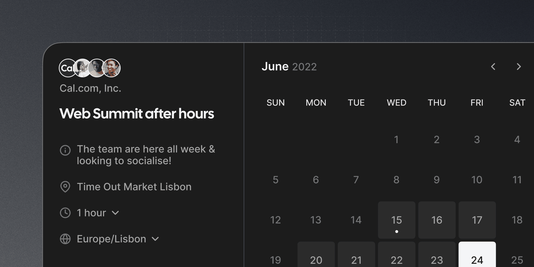 Cal.com dark mode event booking page