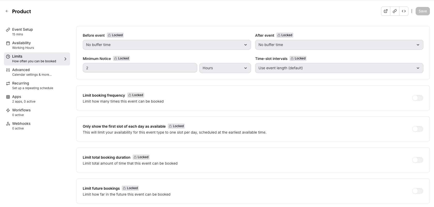 Cal.com event booking limits settings screenshot